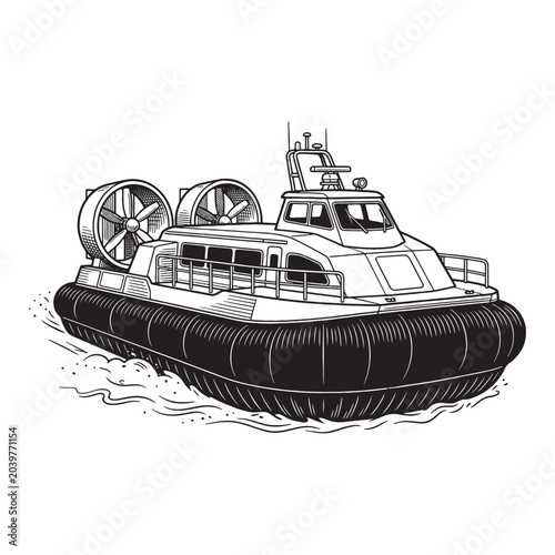 Konstfotografi Rescue Hovercraft Riding Rough Waves, Vintage Detailed Coast Guard Engraving