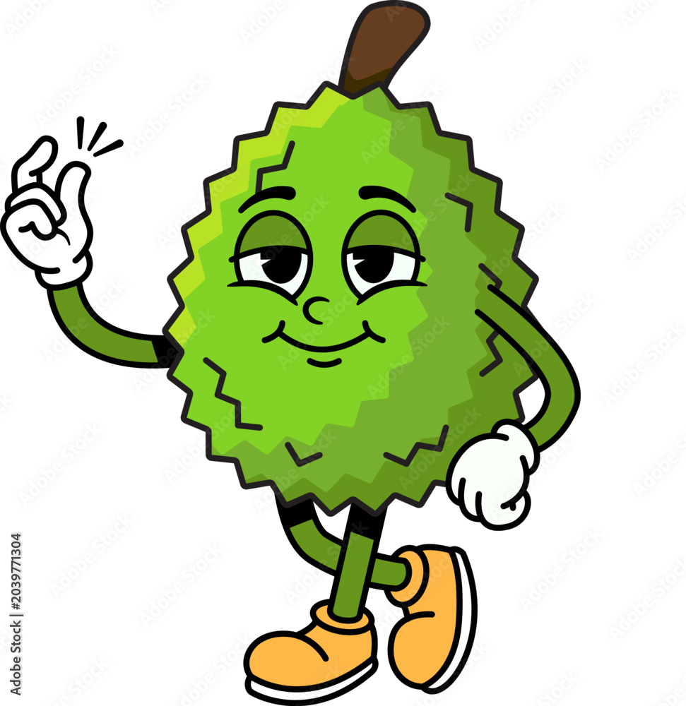 Fototapeta premium Groovy Retro Durian Character Snapping Fingers, Fun Cute Cartoon Illustration of Cool Confident Smiling Durian Fruit with Snap Gesture in Vintage Groovy Style