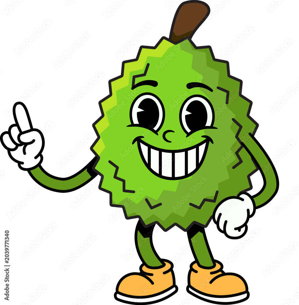 Fototapeta premium Groovy Retro Durian Character Pointing Finger Up, Fun Cute Cartoon Illustration of Cool Confident Smiling Durian Fruit with One Finger Up Gesture in Vintage Groovy Style