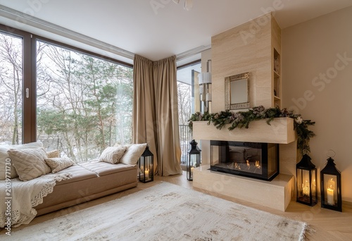 Cozy modern living room with fireplace and winter views