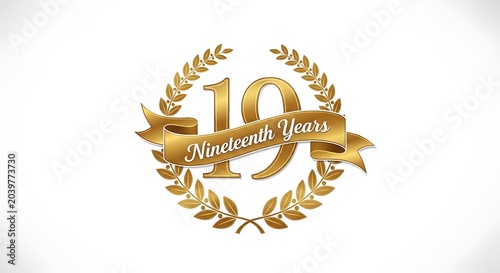 Golden Nineteenth Year Anniversary Emblem with Laurel Wreath on White Background