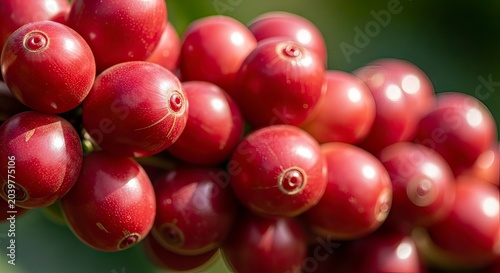 Close-up of ripe red coffee cherries growing on a branch, vibrant organic fruit ready for harvest in a plantation.