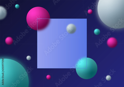 Futuristic dark blue background with bright neon spheres and a glass square. Eps 10