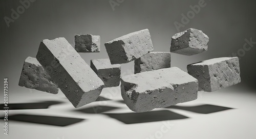 Several gray concrete bricks floating in the air against a neutral background, architectural construction materials in zero gravity.
