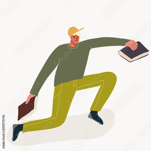 A guy with books, in motion; a metaphor for book swapping; a hobby; a hand-drawn vector illustration.