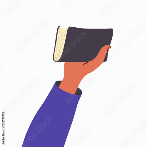 Hand holding book gesture flat. Hand drawn vector illustration.