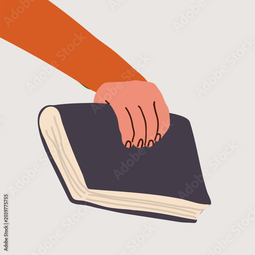 Hand holding book gesture flat. Hand drawn vector illustration.