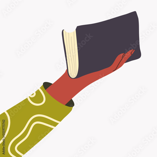 Hand holding book gesture flat. Hand drawn vector illustration.