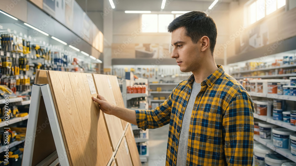Obraz premium Focused young man examining wooden floor samples in a modern hardware store.