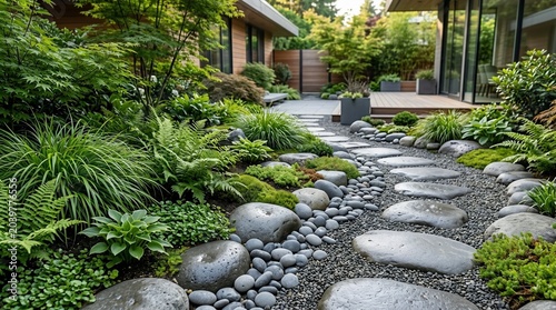 Modern garden pathway with large stepping stones and lush greenery