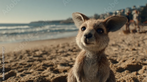 Young marsupial gazes attentively while sitting on sunlit sandy shore beside ocean waves
