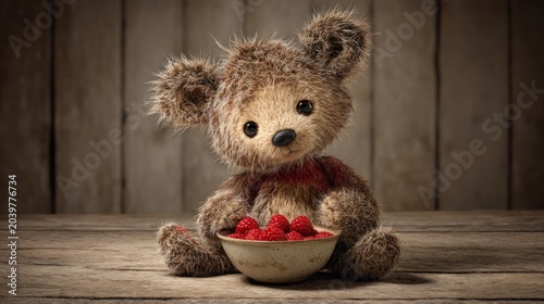 Fluffy stuffed animal toy sits holding a small bowl filled with bright red berries