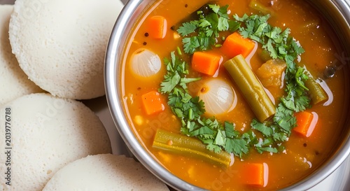 Idli and sambar dish close up delicious food photography