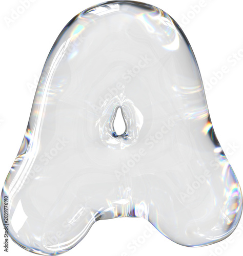 3D Transparent soap bubble letter A with a dispersion effect, liquid balloon style typography for trendy futuristic design