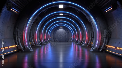 Futuristic metallic corridor extends into the darkness illuminated by repeating blue and red neon light arches