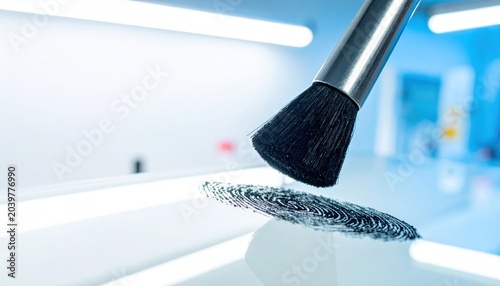 Forensic brush dusting a latent fingerprint with black powder for evidence collection