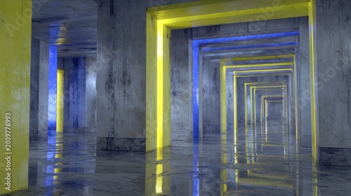 Repeating architectural portals illuminate a wet, textured concrete corridor with vibrant contrasting light.
