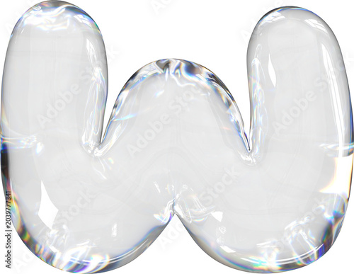 3D Transparent soap bubble letter W with a dispersion effect, liquid balloon style typography for trendy futuristic design