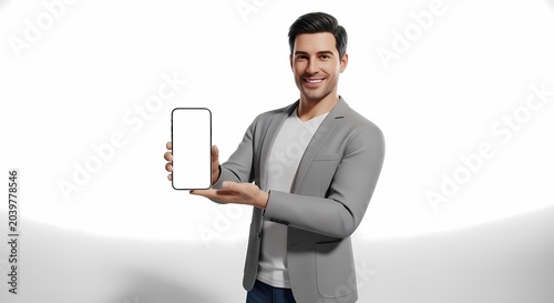 Man holding a blank smartphone screen against a bright white background