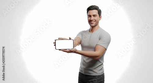 Man holding a blank smartphone screen against a bright white background