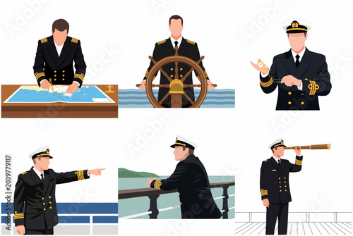 Set of ship captain vector illustrations featuring naval officer in various poses like navigating with map steering helm and using telescope