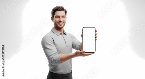 Man holding a blank smartphone screen against white background smiling