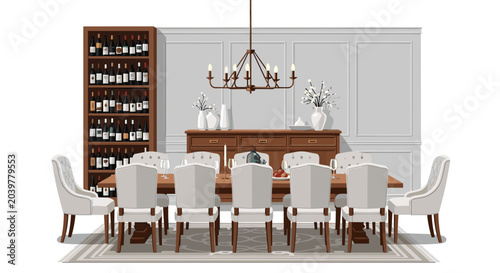 Opulent and traditional dining room interior showcasing a large wooden table with eight elegant upholstered chairs, a classic buffet cabinet, and a grand wine cabinet for formal dinners.