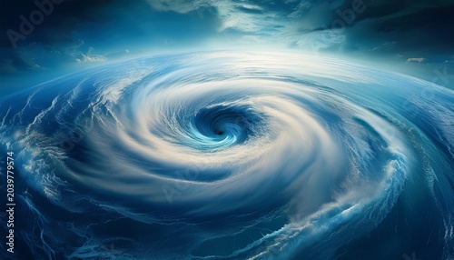 surreal calm inside hurricane eye with blue skies and tranquil ocean as storm intensity decreases