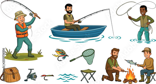 Foto Diverse Men and Kids Fishing Character Set with Boat Fly Fishing Reel Net and Ca