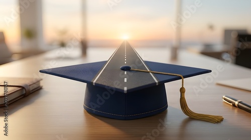 Blue graduation mortarboard cap transforming into a long road leading to a bright sunset on an office desk, AI generated
