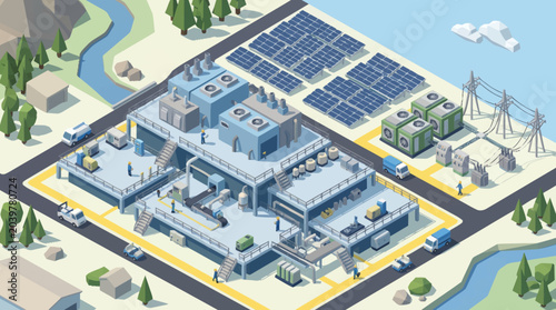 Cuadro en lienzo Modern industrial complex with solar panels and power generation.