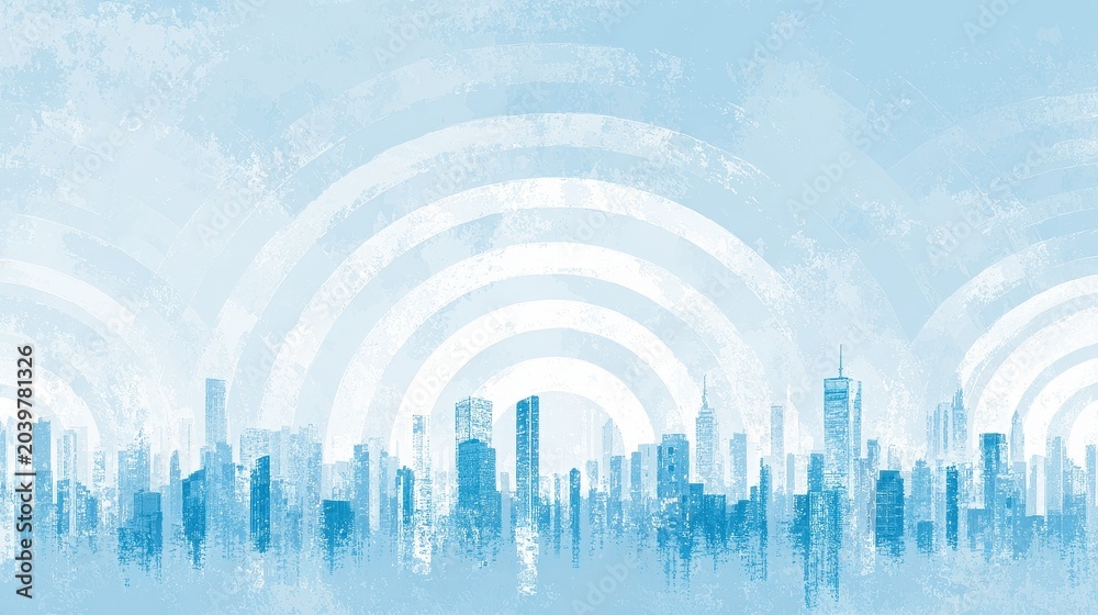 Fototapeta premium Abstract Blue Cityscape with Digital Wave Patterns and Skyline Illustration