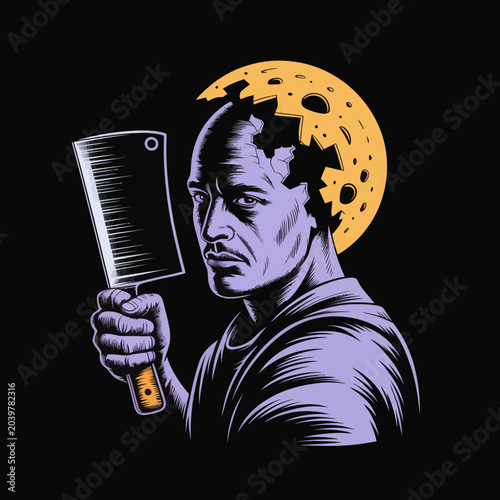 Photography Man holding large knife weapon intense.