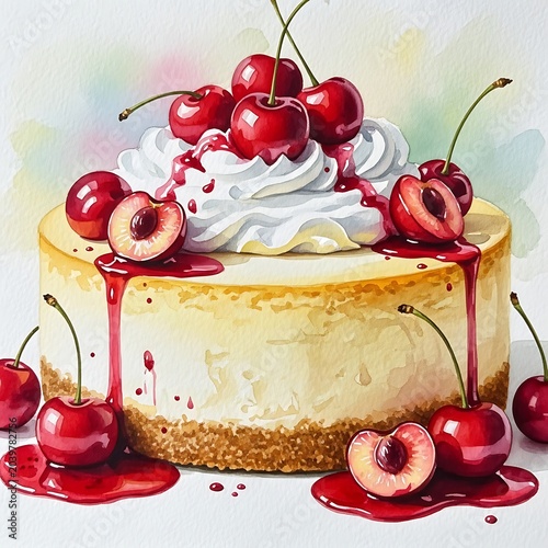 Watercolor Cherry Cheesecake with Whipped Cream and Red Sauce on Soft Pastel Background