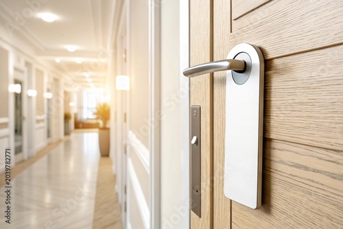 Close-up blank white door hanger on wooden hotel door in hallway, representing privacy, service request, hospitality communication, accommodation signage, and travel lodging environment concept.