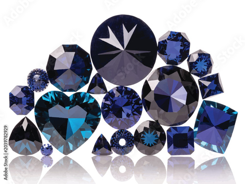 A collection of various cut blue diamonds on white background with reflections  luxury jewelry gems