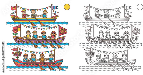 Obraz na plátně Traditional Festival Boat Race and Rowing Team Illustration with Coloring Page V