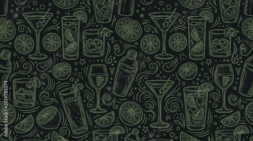 A vibrant illustration of various cocktail glasses and bottles on a dark background.