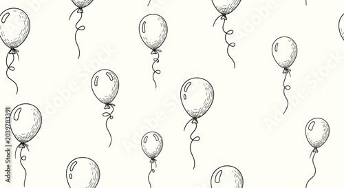 Seamless pattern with hand drawn floating balloons featuring different textures on a white background for party themes.