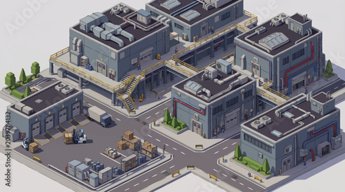 Tableau sur toile Modern industrial complex with multiple buildings and vehicles.