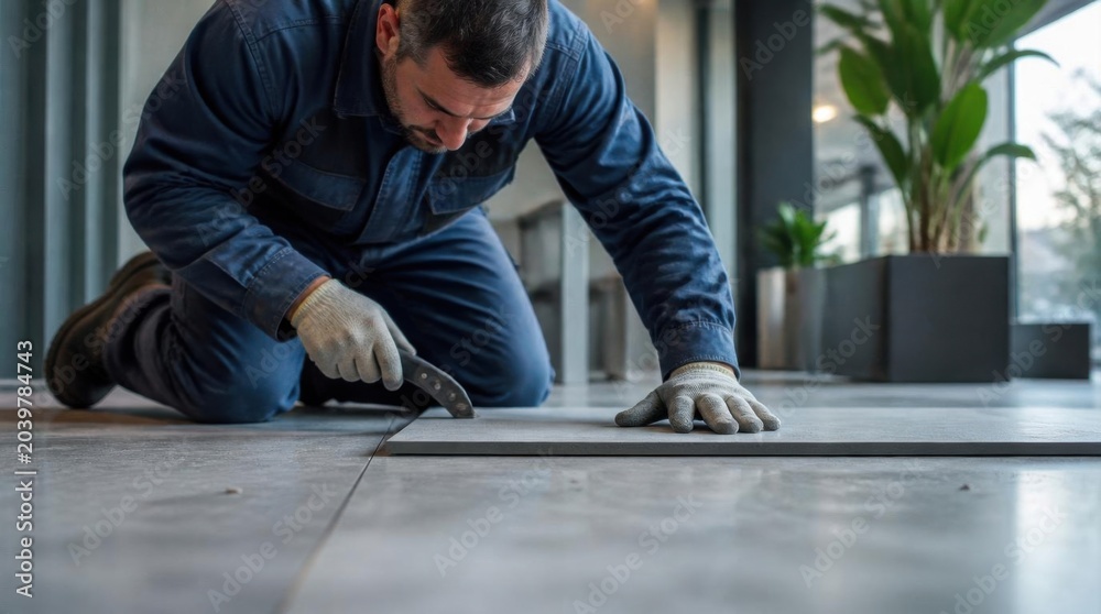 Obraz premium Professional worker installing new flooring tiles using a utility knife during indoor renovation.