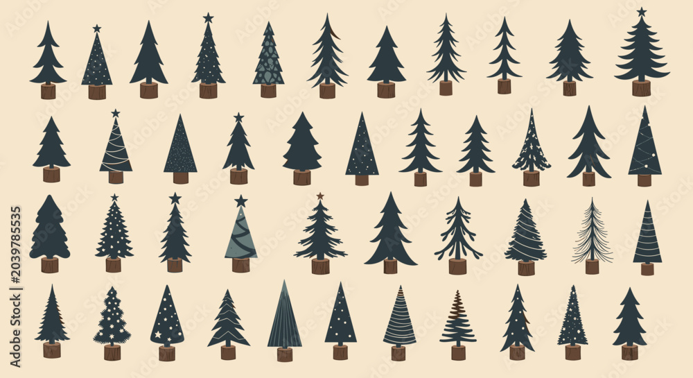 Obraz premium Comprehensive grid features dozens of different Christmas tree silhouettes, ranging from traditional designs to modern and stylized shapes.