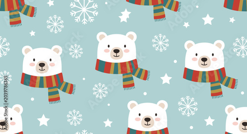 Winter themed pattern featuring cute polar bears wearing striped scarves, snowflakes, and stars on a blue background.