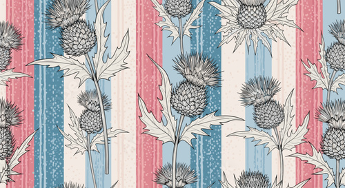 Decorative pattern featuring thistle flowers and leaves on a background of vertical blue, pink, and white stripes.