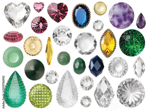 Collection of various precious gemstones and jewels in different shapes and colors  isolated on white background