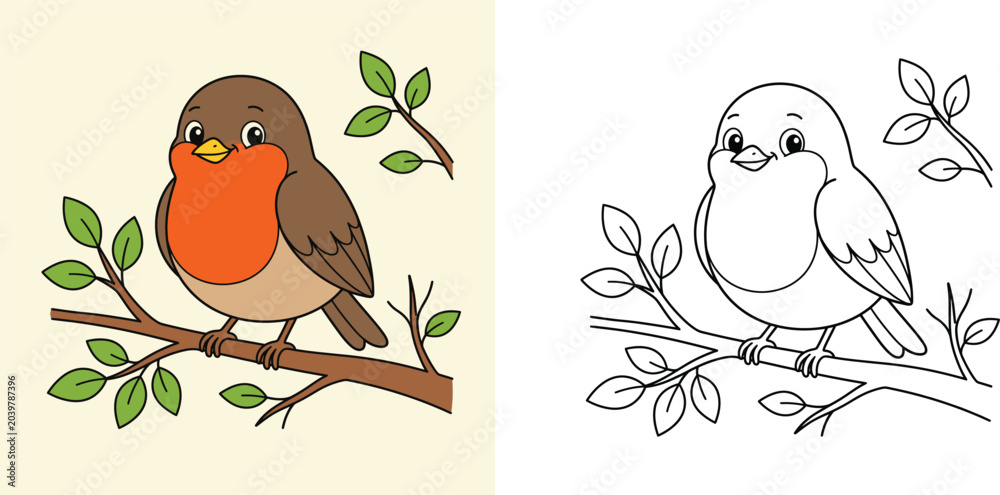 Fototapeta premium Cute cartoon robin bird on a tree branch coloring page with colored template. Vector outline illustration of little bird line art for kids educational activity book