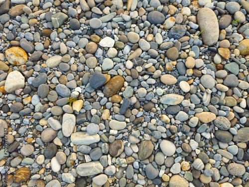 Top-down close-up of naturally rounded river pebbles and smooth stones forming a textured surface. The organic arrangement creates a versatile natural background suitable for themes of geology