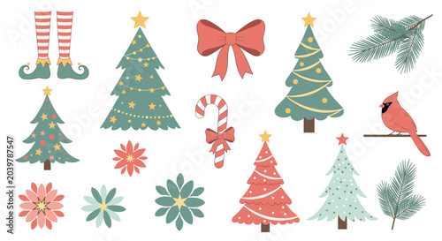 Large set of christmas themed elements including decorated trees stockings candy canes a cardinal bird and stars.