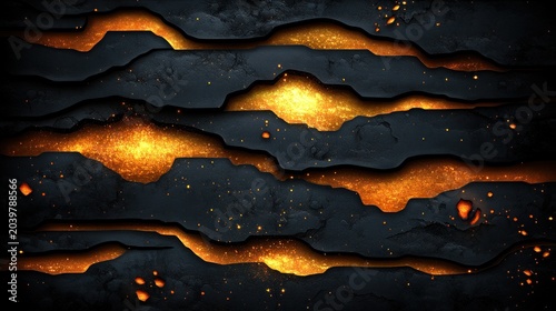 Warm golden hues emerge from jagged crevices in a textured dark surface