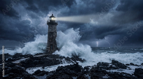 Lighthouse in stormy sea with lightning and crashing waves at night